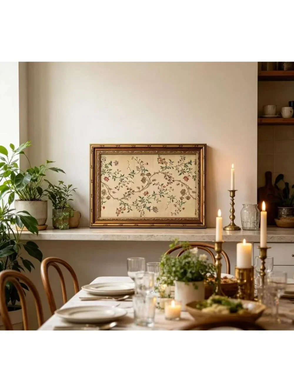 Vintage Floral Vine Wall Art - Elegant Beige Botanical Canvas Print for Home